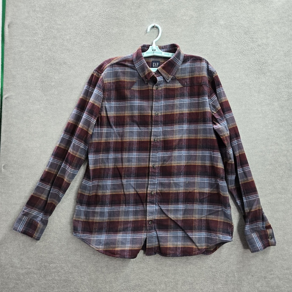 GAP Men Button Up Shirt L Red Plaid‎ Flannel Long Sleeve Cotton